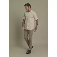 Camisa Social Masculina Manga Curta Cor Bege Dialogo Jeans