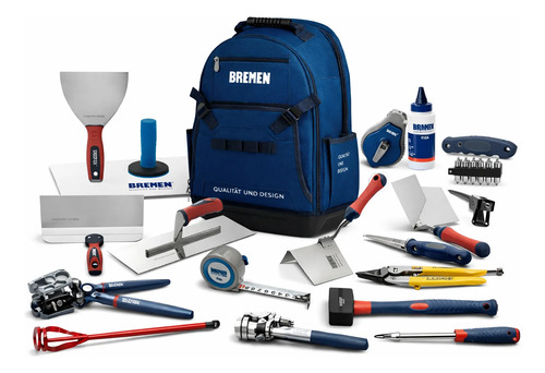 Kit Bremen: Herramientas Durlock 15 Pz Espátulas Llana Puntas + Mochila Porta Herramientas 32l Base Plástica Azul