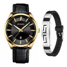Relógio Masculino Curren Dourado Preto + Pulseira Bracelete