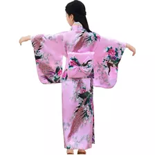 Yukata Infantil Em Seda Estampa Pavão Rosa