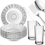 Aparelho De Jantar 30 Peças - Pratos + Copos + Talheres Inox