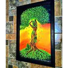 Pintura Mujer Arbol 90 X 60 / Enmarcada En Madera / Nueva 