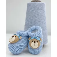 Sapatinho Recém Nascido Em Tricot Azul Bebê Aplique De Urso