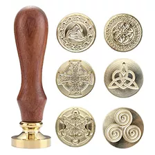 6 Sealing Wax Stamps Copper Seals With 1 Wooden Hilt Ki...