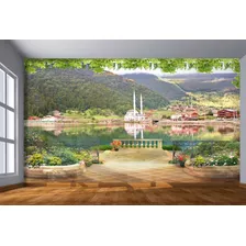 Papel De Parede Paisagem Sacada Flores Lago 4k M² Dah59