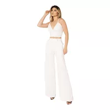 Conjunto Calça Pantalona E Cropped Curto Decote E Bojo #cj25