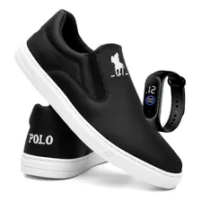 Tenis Masculino Polo Plus Sapato Sapatenis Slip On + Relógio