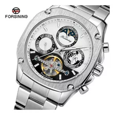 Relojes Luminosos De Fase Lunar Forsining Tourbillon Color De La Correa Silver White