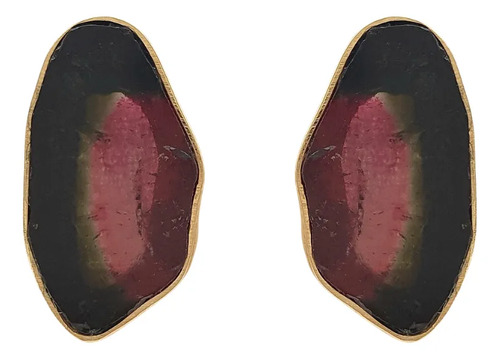Brinco Ouro 18k Com Turmalina Bicolor Corte Natural Orgânico Amarelo
