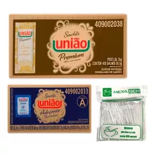 Açucar Uniao Sache + Adoçante Sucralose Uniao + Mexedor Cafe