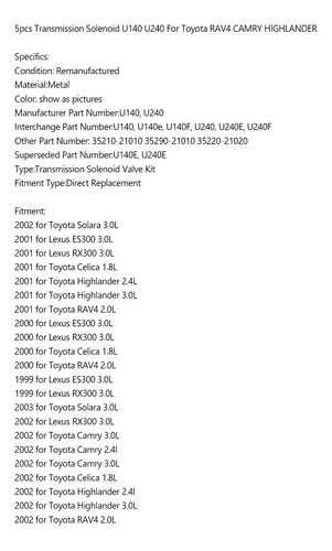5 Solenoides De Transmisin Para Toyota Rav4 Camry Highlande Foto 10