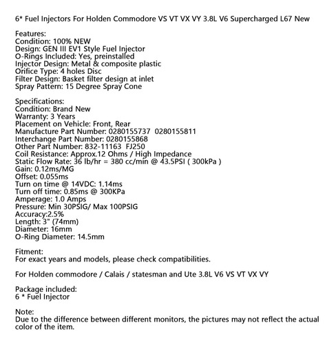 Inyector De Combustible 6* For Holden Commodore Vs Vt Vx Vy Foto 2