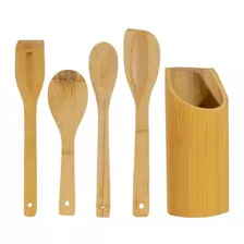 Kit Culinario Colher De Bambu (pau) E Suporte Cor Marrom