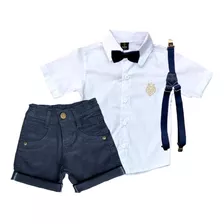 Roupa Social Infantil Menino Bermuda Camisa Suspensório