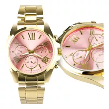 Relógio Feminino Aço Dourado Rosa Premium Prova D'água