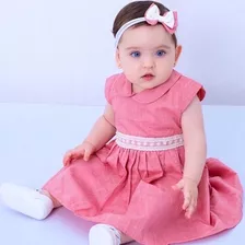 Vestido De Bebe Com Tiara 100% Algodão 