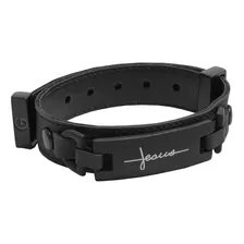 Pulseira Jesus Couro Bracelete All Black Religioso Jesus Fé