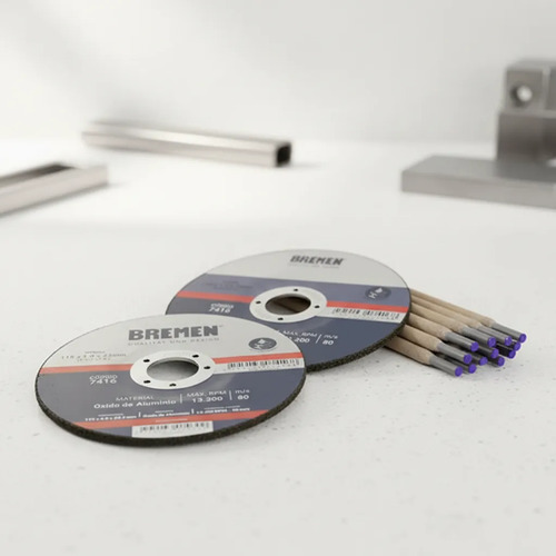 Kit Bremen: Disco Desbaste Amoladora 115x4.8mm 10u + Disco Corte Metal 115x1mm 25u + Electrodo 6013 2.5mm 1kg