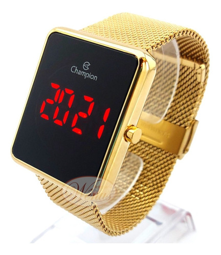 Relógio  Feminino Champion Digital Quadrado Dourado Led
