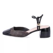 Sapato Em Couro Luz Da Lua Slingback Monograma Preto