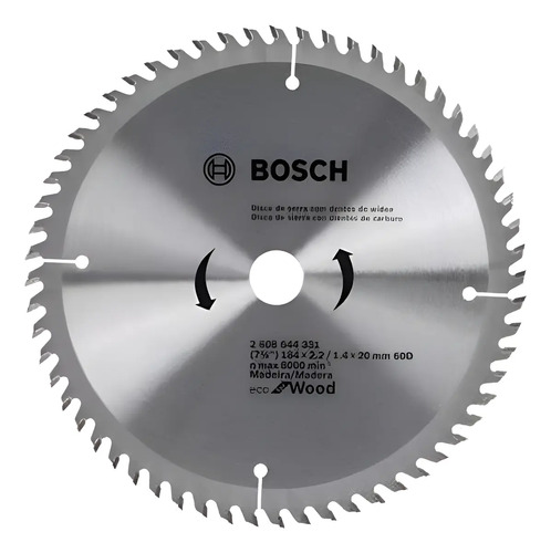 Hoja Disco Sierra Circular Bosch Madera 184 Mm 60 Dientes Gris