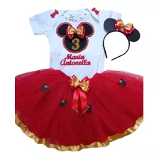 Fantasia Infantil Minnie Vermelha C/ Dourado Body+saia+tiara