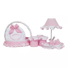 Kit Acessórios Quarto Bebê Realeza Rosa Com Branco 07 Peças