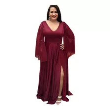 Vestido Marsala Madrinha Mãe Noiva Manga Curta Saia Tule LG