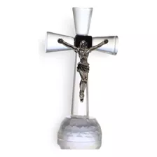 Crucifixo Mesa Cristal Lapidado Transparente Jesus 10cm