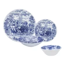 Set X24 Platos Playo Hondo Postre Bowls Cena Inglesa Azul