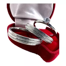 Par Alianças De Compromisso Prata Diamantada Com Friso +anel