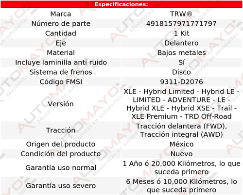 Balatas Bajos Metales Delanteras Trw Rav4 Toyota 2019-2020 Foto 2