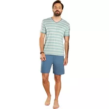 Pijama Masculino Meia Malha Listrado Verão Manga Curta