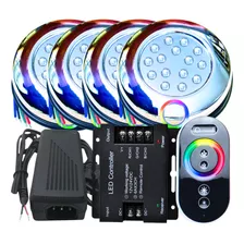 Kit 04 Leds 15w Rgb Iluminação Piscina + Comando + Fonte 12v