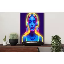 Cuadro Chica Audífonos Con Resina Y Luz Led Neón Amarillo