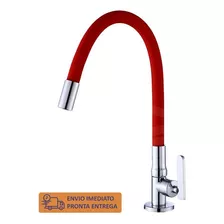 Torneira De Bancada Cozinha Gourmet Flexível Vermelha Metal Acabamento Cromado Polido Espelhado Cor Cromado