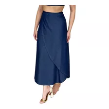 Saia Envelope Transpassado Jeans Amarração Casual Viscose