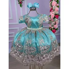 Vestido Infantil Verde C/ Renda Dourada Realeza Pérolas