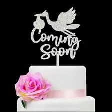 Glitter Silver Coming Soon Cake Topper White Stork Silhouett