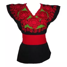 Blusa Artesanal Rosas Con Faja Telar De Cintura Mexicana