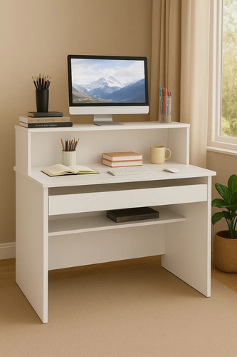 Mesa Moderna Com Prateleira E Gaveta Branco