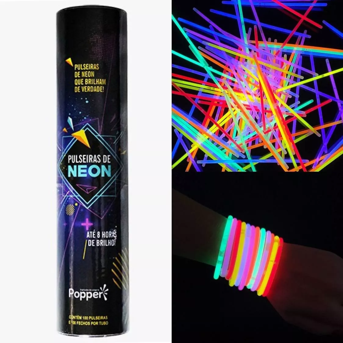 100 Pulseiras De Neon Popper - Brilham No Escuro