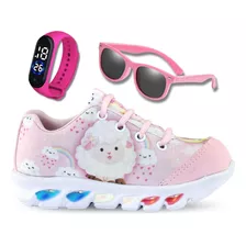 Tenis De Led Infantil Feminino Ovelhinha + Relogio + Oculos