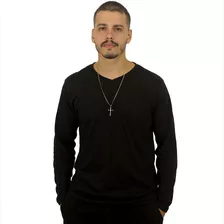 Camisa Masculina Manga Longa Gola V Lisa Premium Top Algodão