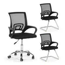 Kit Cadeiras De Escritório 1 Secretária Office + 2 Fixa Cor Preto