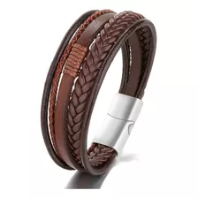 Pulsera Hombre Cuero Trenzado Marron Cierre Iman 5 En 1