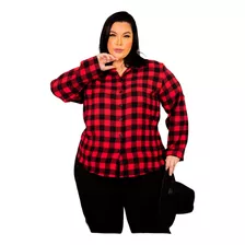 Camisa Xadrez Plus Size Manga Longa Feminina Viscose 