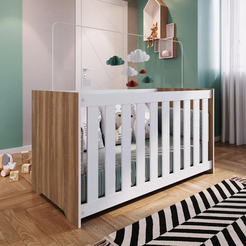 Berço Infantil Simples Com Colchão Regulagem De Altura Nogal Nogal Manchester Com Branco