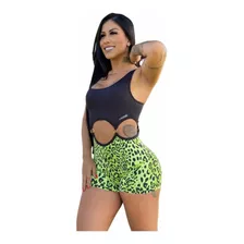 Macaquinho Fitness Oncinha Verde Neon Com Muita Elast