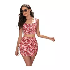 Conjunto Top Corto Floral Con Falda Bajo Con Abertura